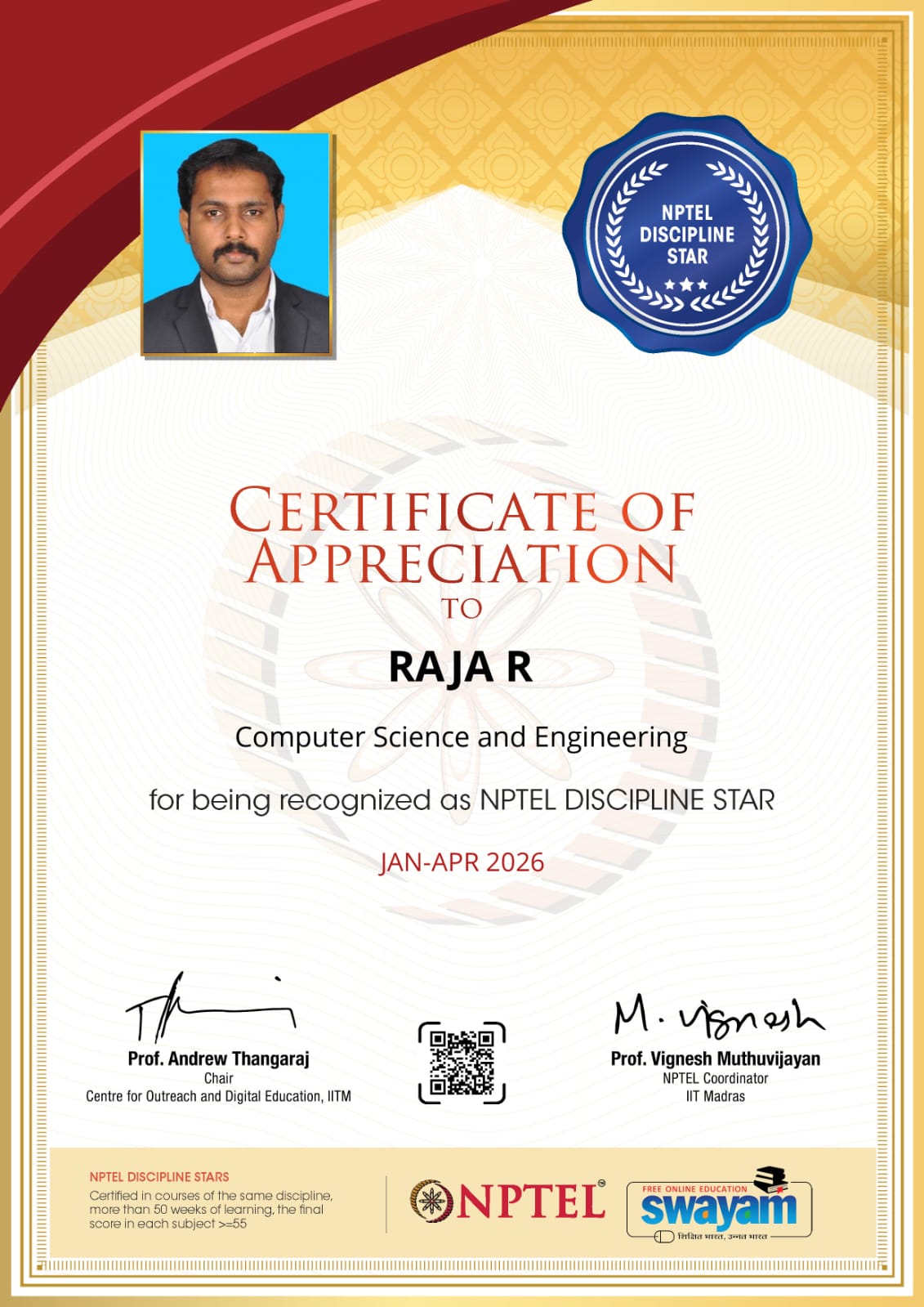 NPTEL Discipline Star in Computer Science and Engineering (Jan-Apr 2026)