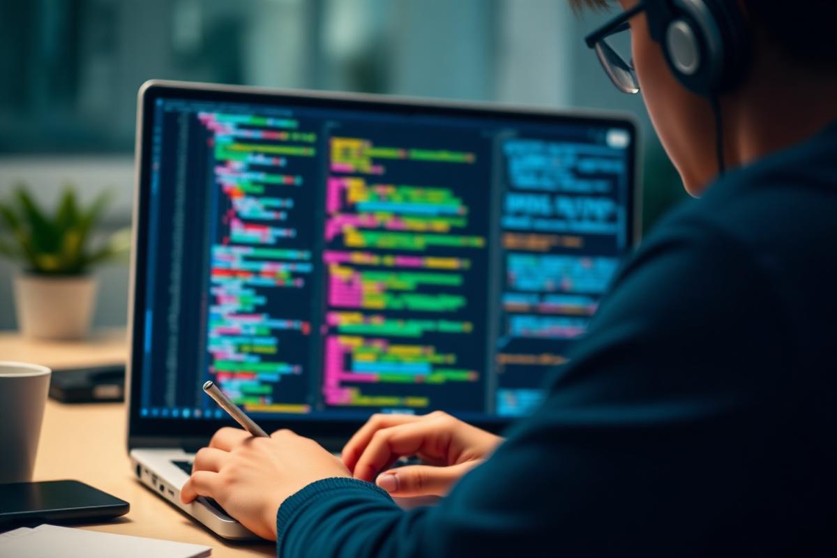Student coding on laptop